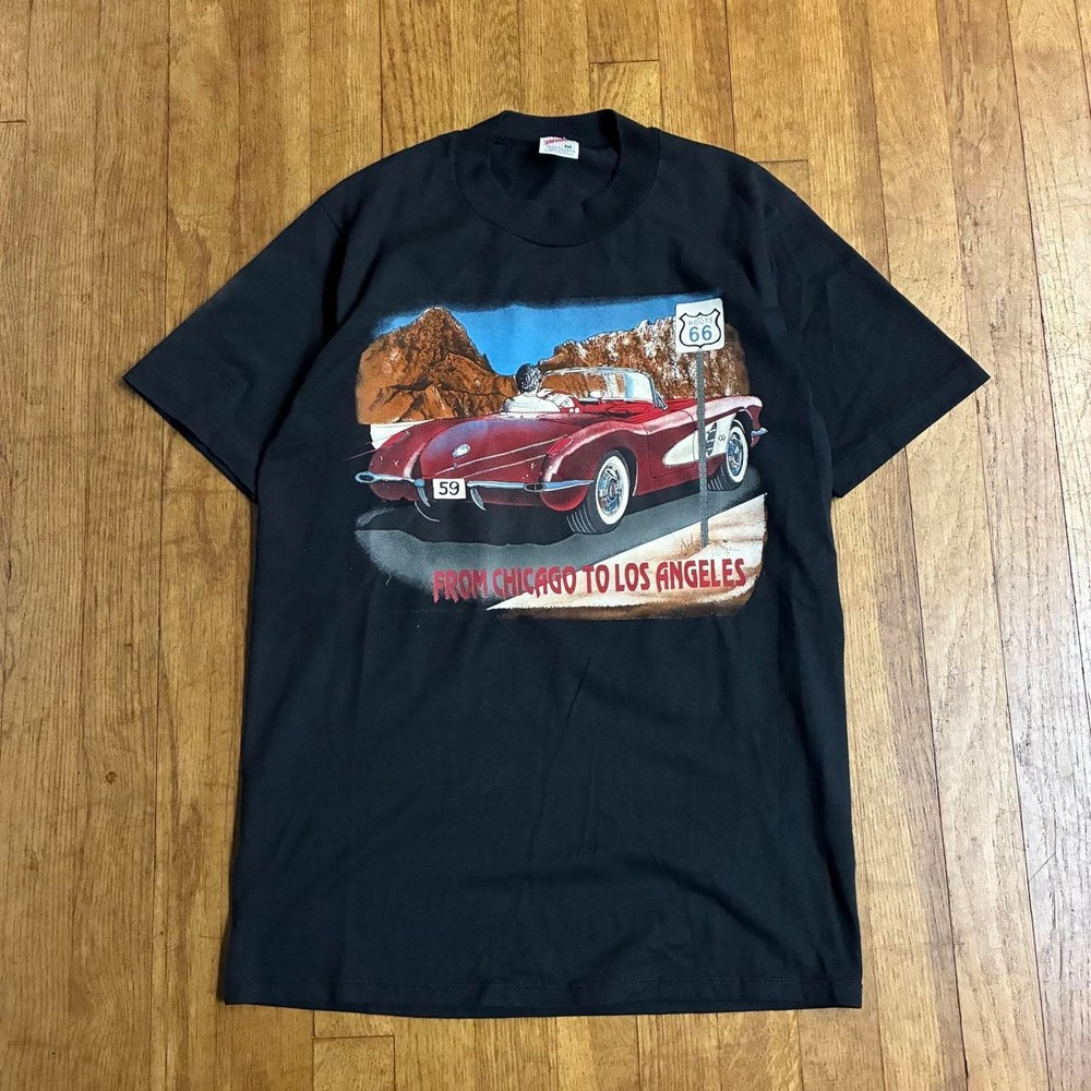 Vintage Jerzees Route 66 Corvette T Shirt Made in USA Black Mens Medium